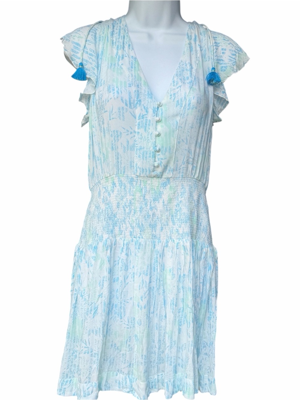 Poupette St Barth Rachel Smocked Mini Dress Sky Blue Breeze Blue Resort NWT L
